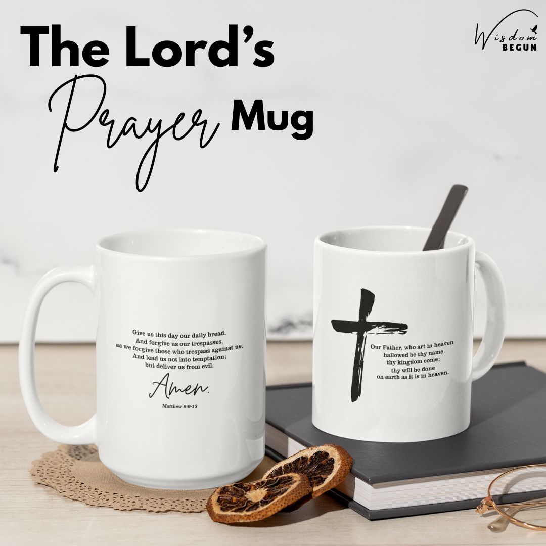 The Lord’s Prayer Mug | Matthew 6:9-13 Bible Verse Coffee Cup | Christian Gift with Cross Design