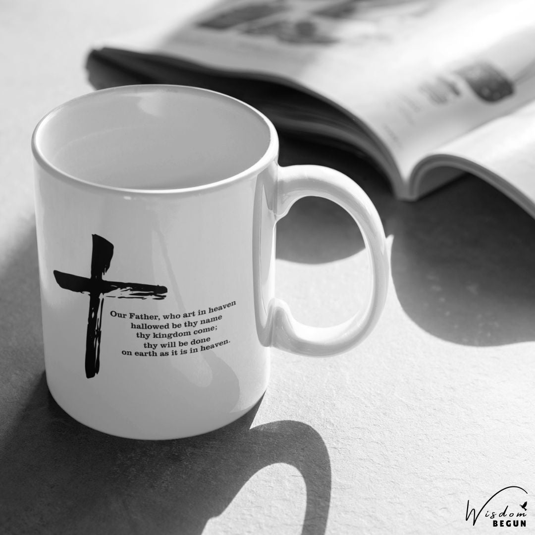 The Lord’s Prayer Mug | Matthew 6:9-13 Bible Verse Coffee Cup | Christian Gift with Cross Design