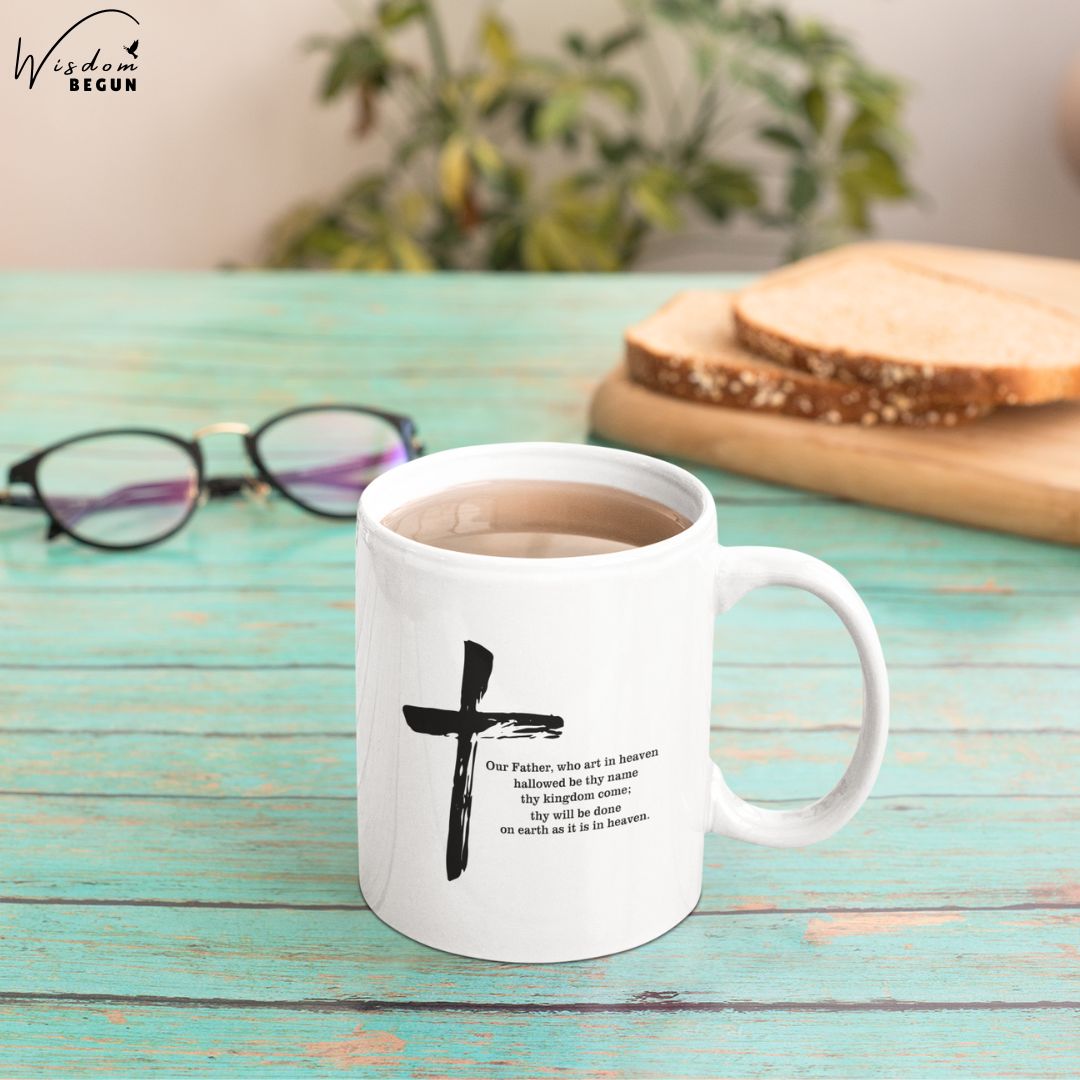 The Lord’s Prayer Mug | Matthew 6:9-13 Bible Verse Coffee Cup | Christian Gift with Cross Design